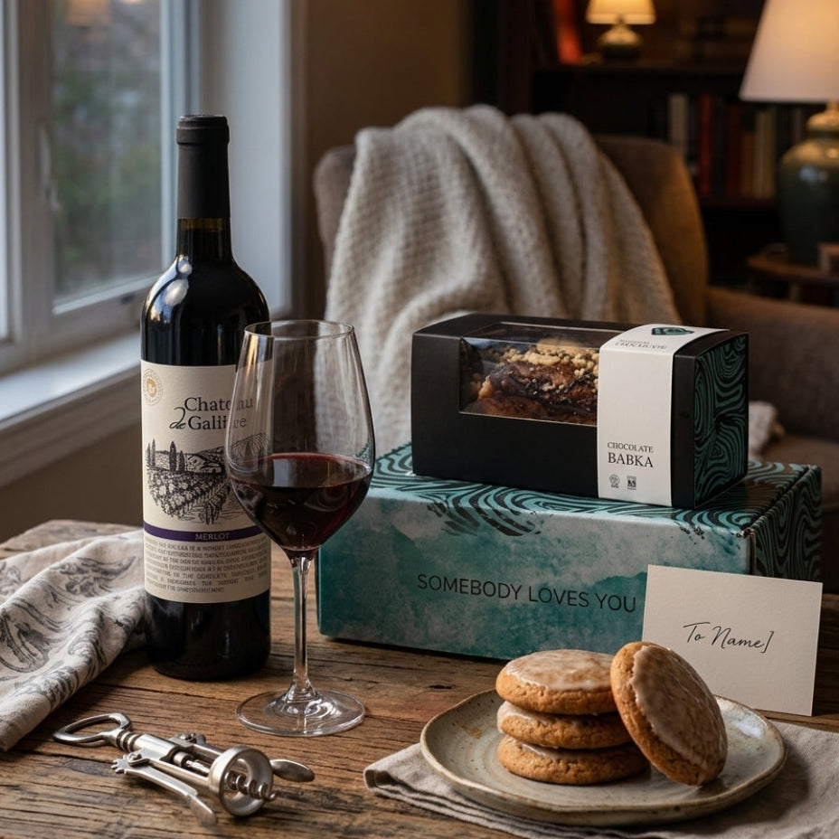 A cozy gift table setting featuring a bottle of Chassagne, a filled wine glass, chocolate bark in a box, and a blue gift box with the words 'SOMEBODY LOVES YOU' and a 'To Name!' card, arranged on a rustic wooden table with a corkscrew and cookies.