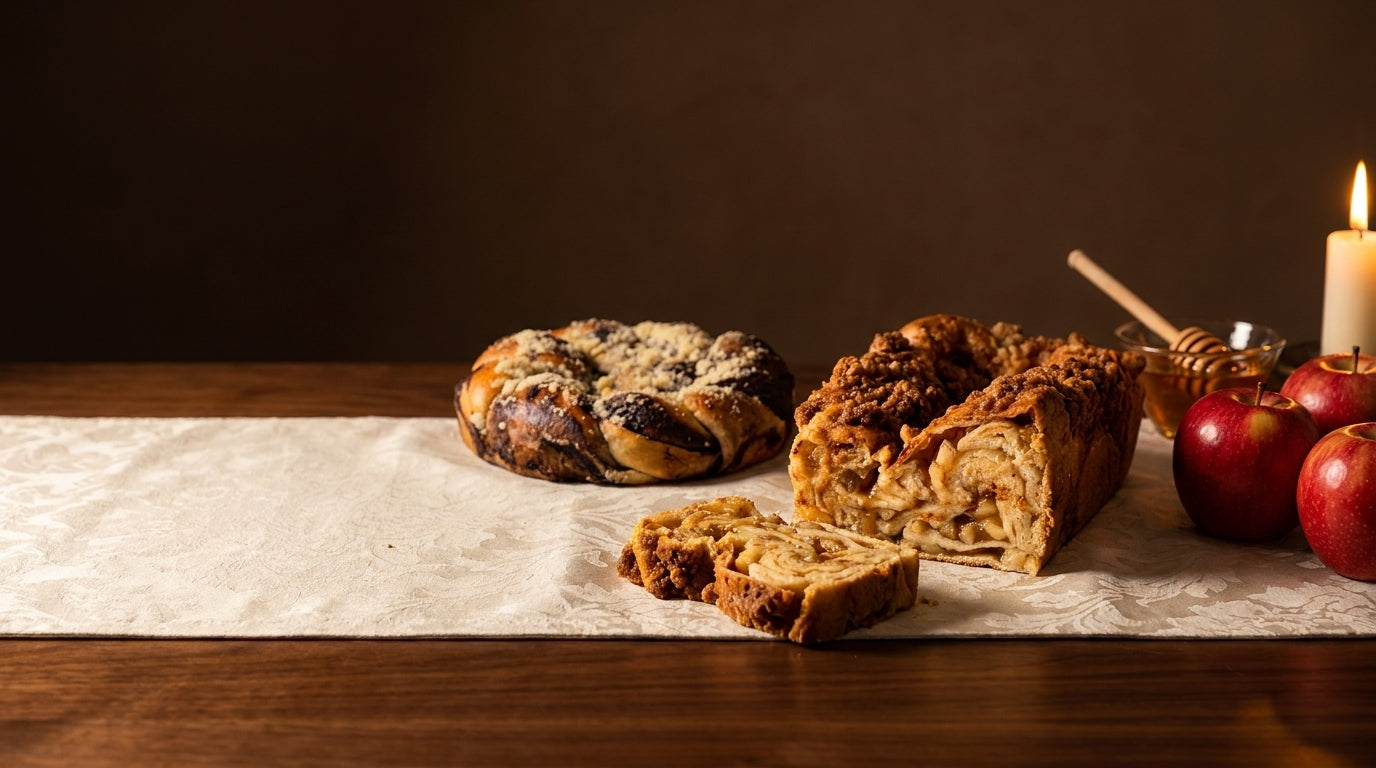 Two loaves of rustic apple bread on parchment paper, with sliced pieces in front, set on a wooden table with red apples, a lit candle, and a honey dipper against a dark brown background.