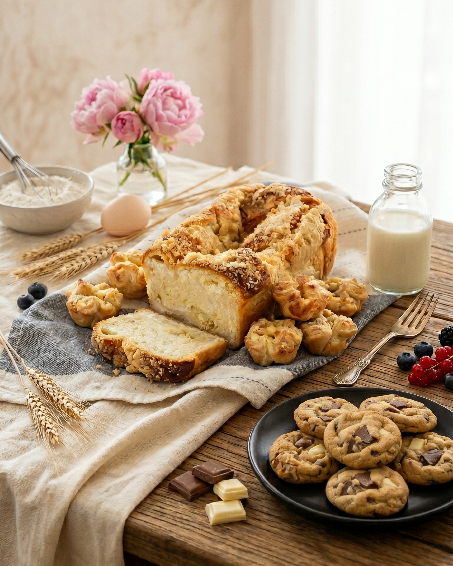 Wooden table with bread, cookies, milk, and flowers in a cozy setting.
