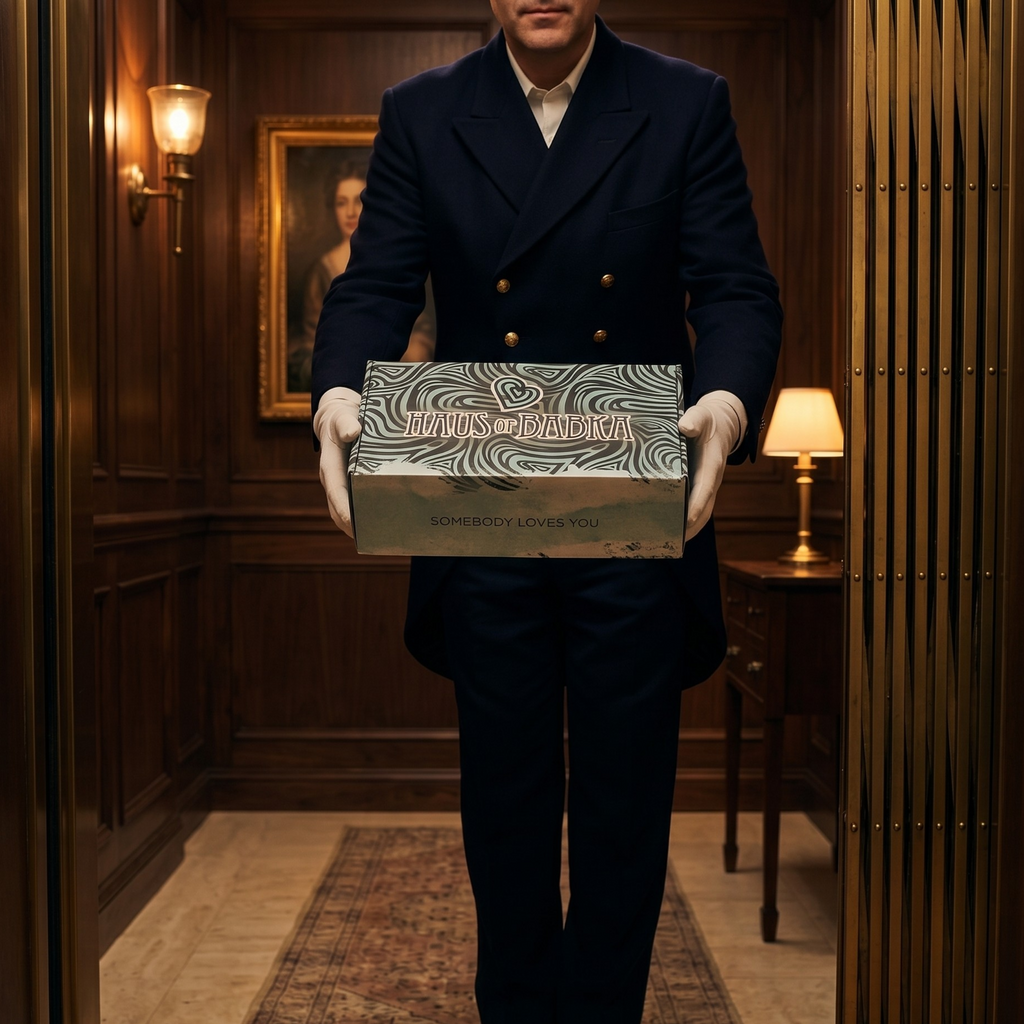 Man in formal attire holding a box in an elegant room with wooden paneling and lamps.