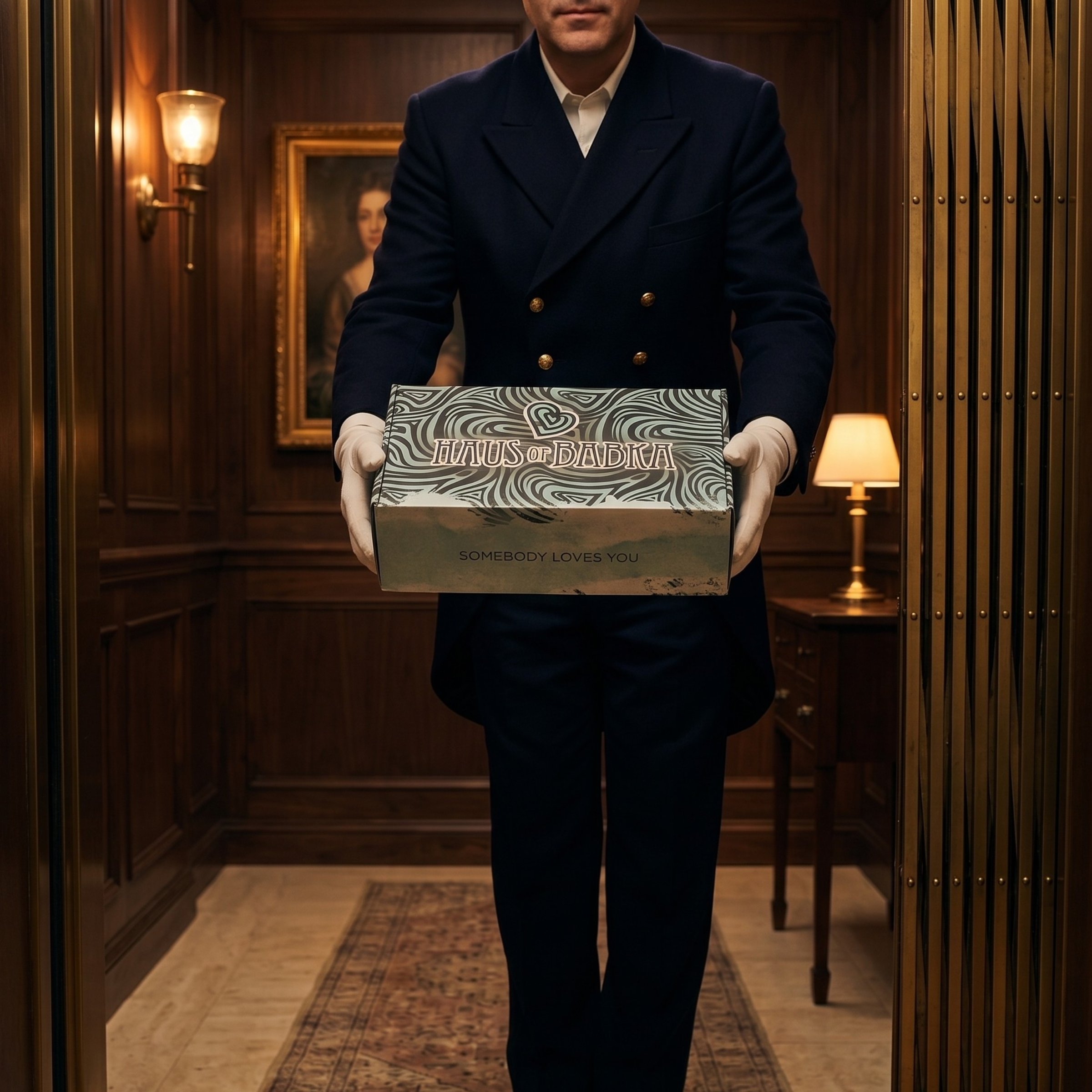 Man in formal attire holding a box in an elegant room with wooden paneling and lamps.