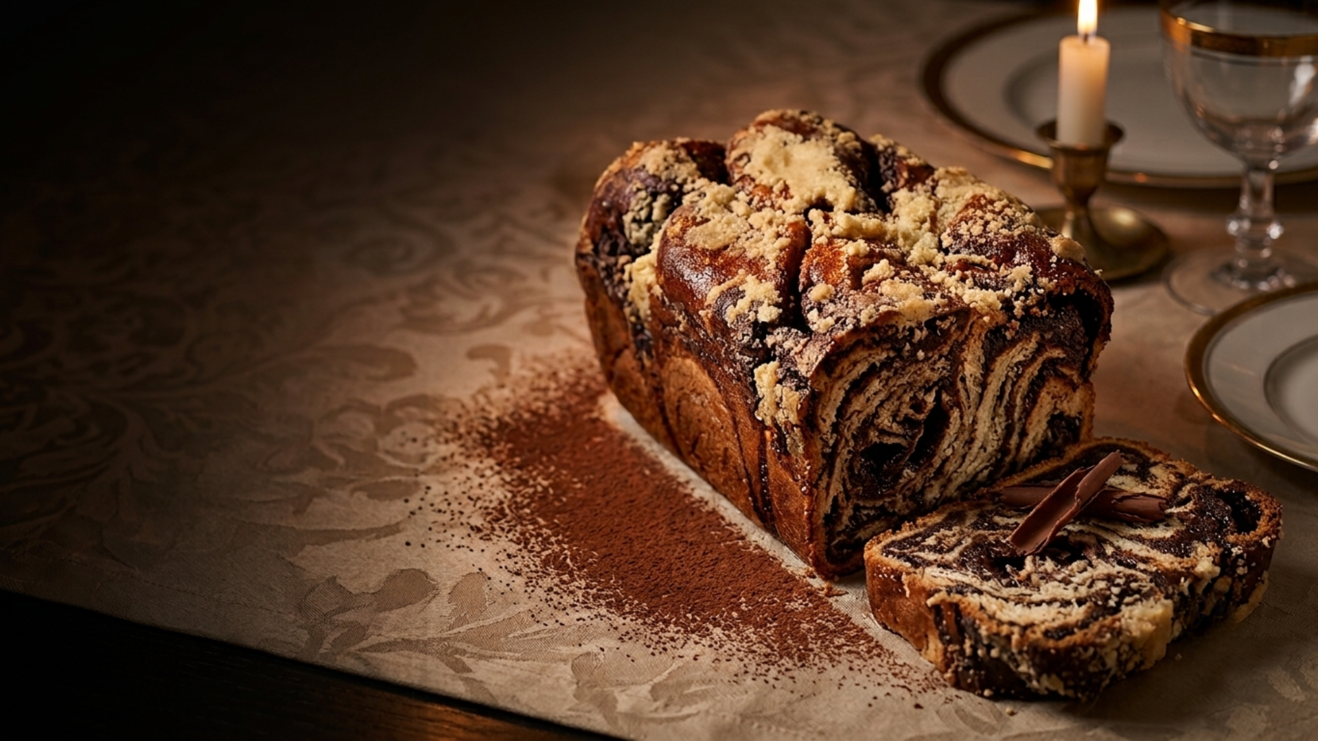 A loaf of rich chocolate and cream marble bread with crumb topping, shown sliced on a patterned tablecloth with a lit candle and plates in the background.